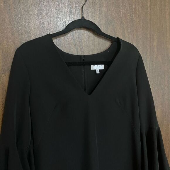 Milly Women's V-Neck Bell Sleeve Keyhole Back Fully Lined Shift Dress Black Sz 6 - Picture 6 of 11